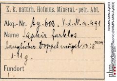 Etiketten zu Korund (Saphir) (NHMW-MIN-Ay603)